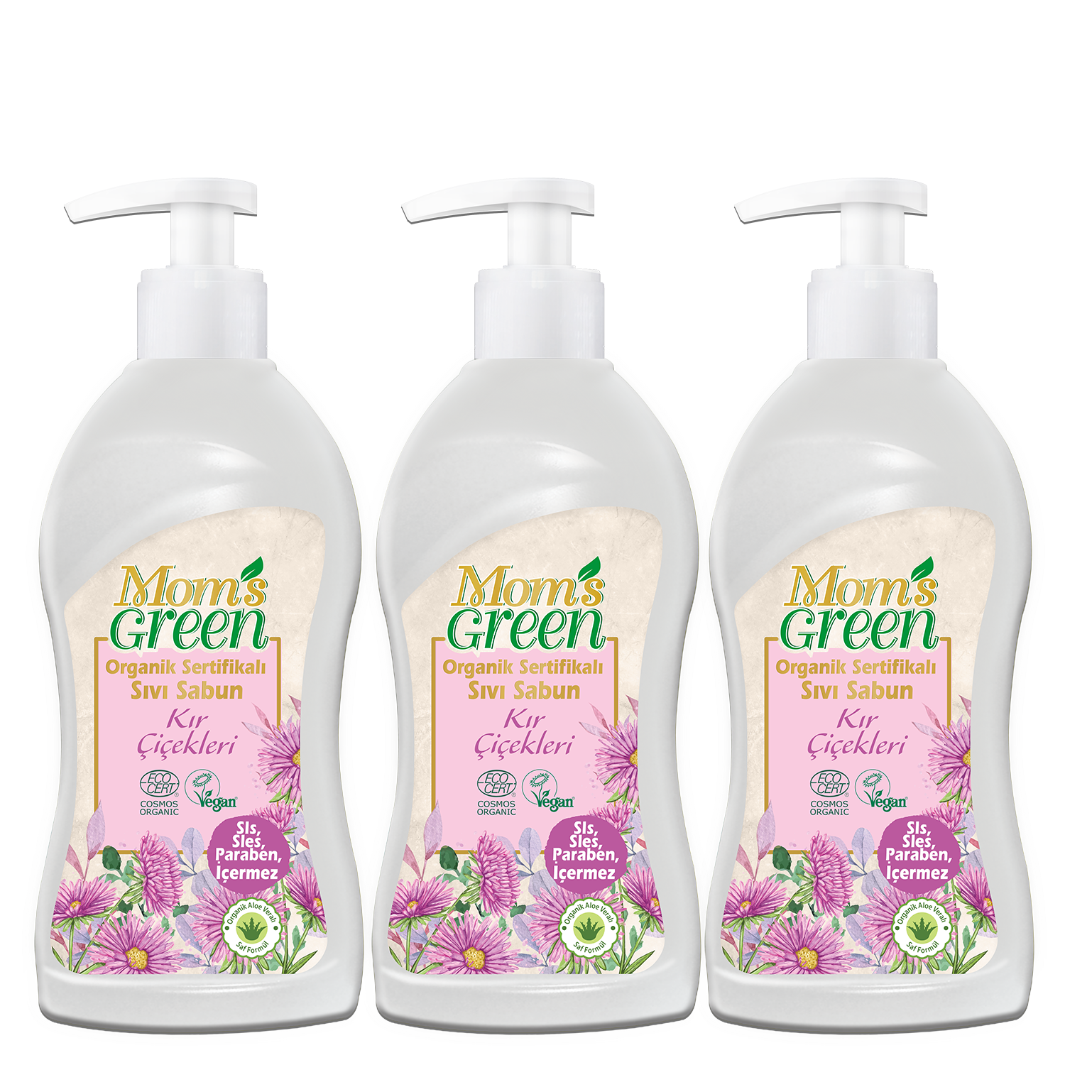 3'lü Set Mom's Green Organik Sertifikalı Sıvı Sabun -Kır Çiçekleri Eco Cosmos (500 ml x 3 Adet)