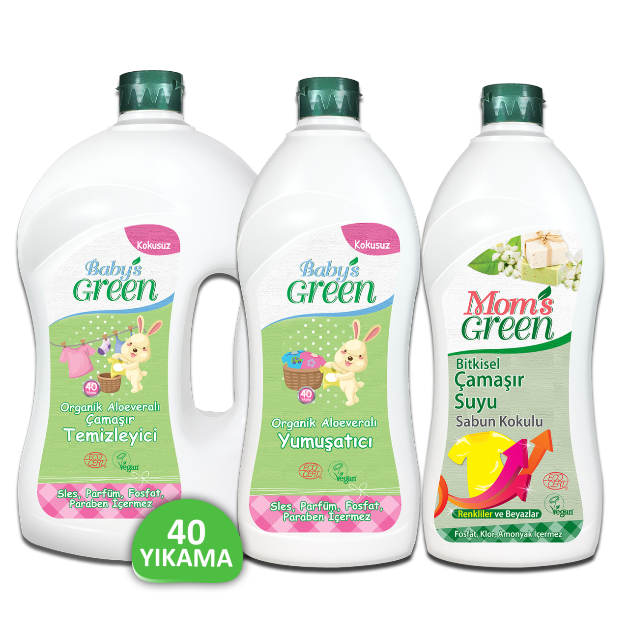 3'lü Set Organik Aloe Veralı Bebek Çamaşır Temizleyici 40 Yıkama ve Yumuşatıcı 40 Yıkama ve Sabun Kokulu Çamaşır Suyu ECO