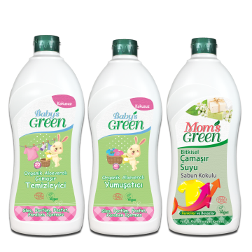 3'lü Set Organik Aloe Veralı Bebek Çamaşır Temizleyici ECO 20 Yıkama Bebek Yumuşatıcısı 40 Yıkama ve Sabun Kokulu Çamaşır Suyu ECO