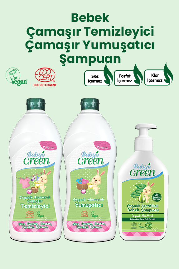 3'lü Set Organik Aloe Veralı Bebek Çamaşır Temizleyici ECO 20 Yıkama - Yumuşatıcı 40 Yıkama - Bebek Şampuanı EcoCosmos