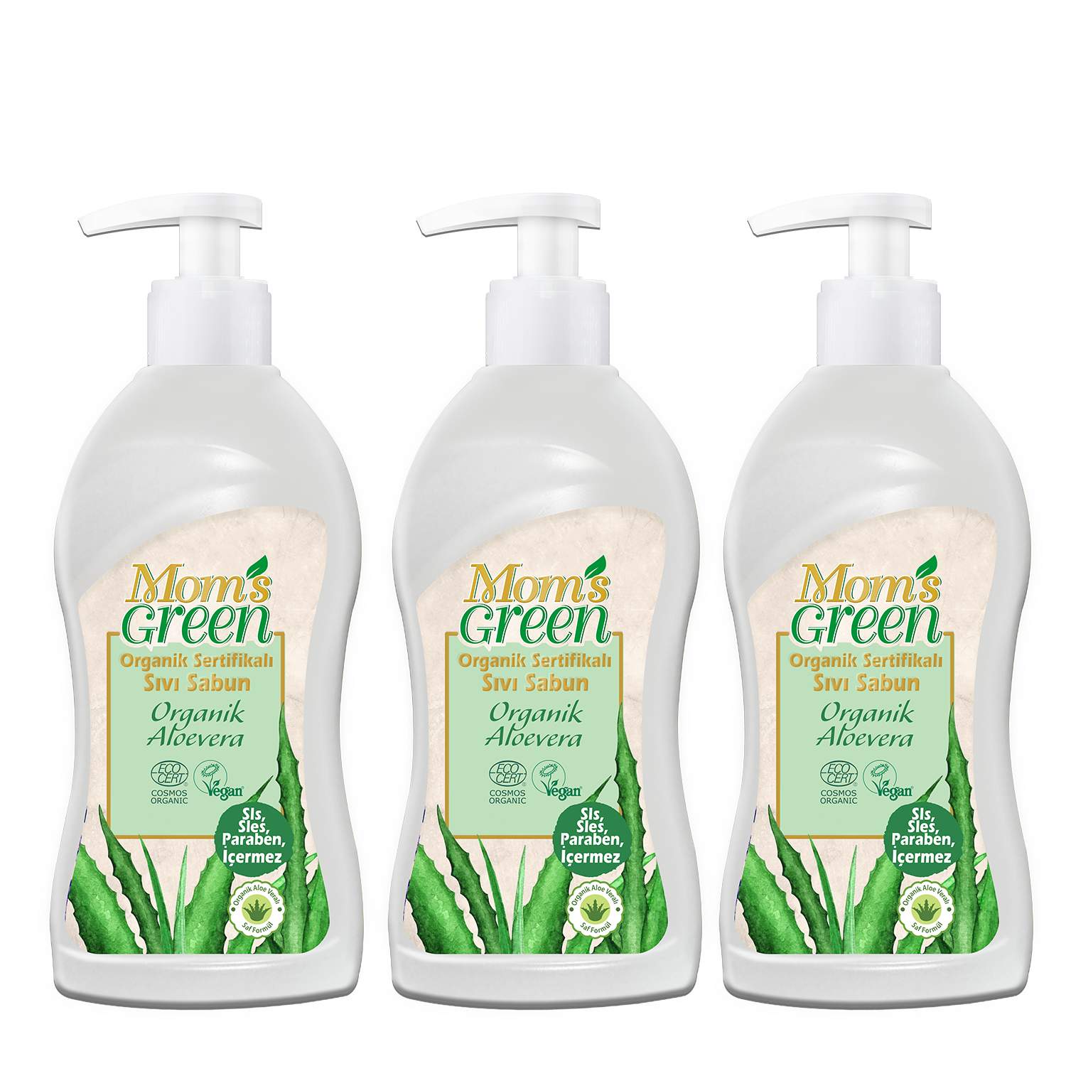 3'lü Set Mom's Green Organik Sertifikalı Sıvı Sabun - Organik Aloeveralı Eco Cosmos (500 ml x 3 Adet)
