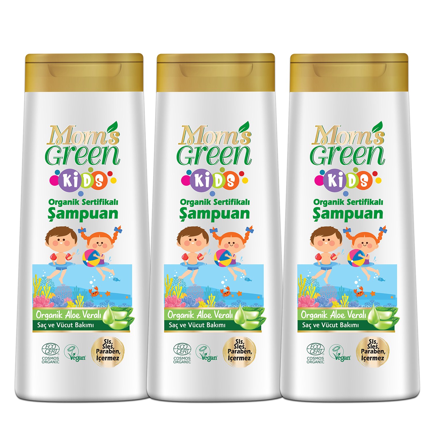 3'lü Set Mom's Green KIDS Organik Aloeveralı ÇOCUK Şampuanı (400mlx 3 Adet) - EcoCosmos