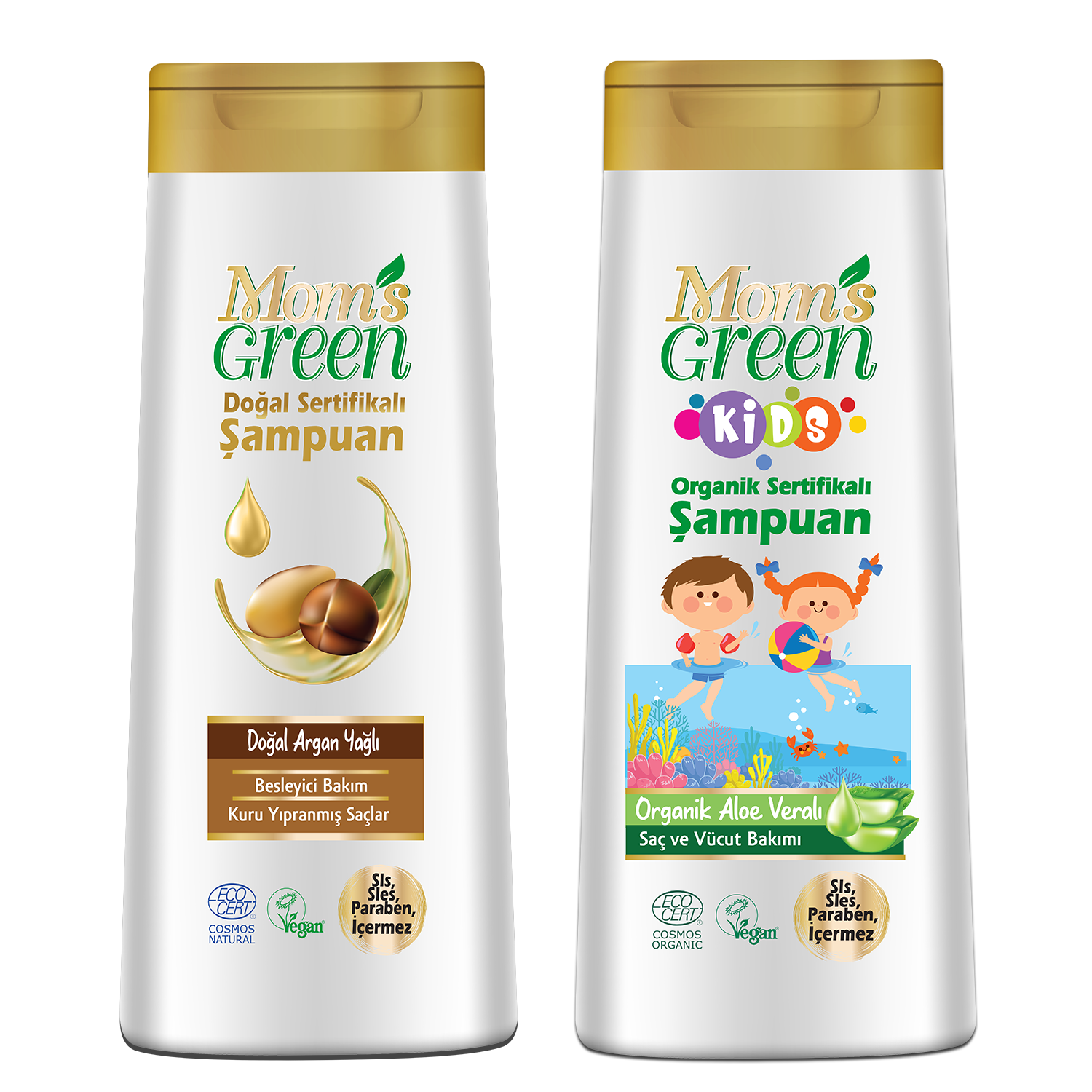2'li Set Mom's Green KIDS Organik Aloeveralı ÇOCUK Şampuanı + Argan Yağlı Şampuan 400 ml EcoCosmos
