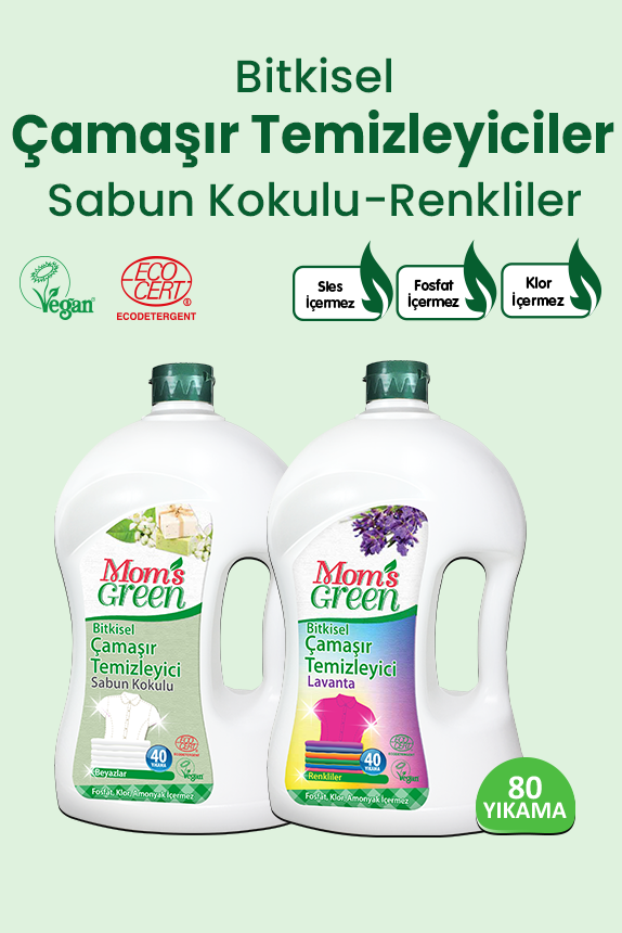 2'li Set Bitkisel Çamaşır Temizleyici Renkliler İçin ve Bitkisel Çamaşır Temizleyici Beyazlar İçin (1,5 Litre x 2 Adet) 80 Yıkama