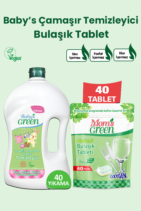 2'li Set Organik Aloeveralı Bebek Çamaşır Temizleyici  1,5 Litre ve Oksijenli Bulaşık Tableti 40 Adet