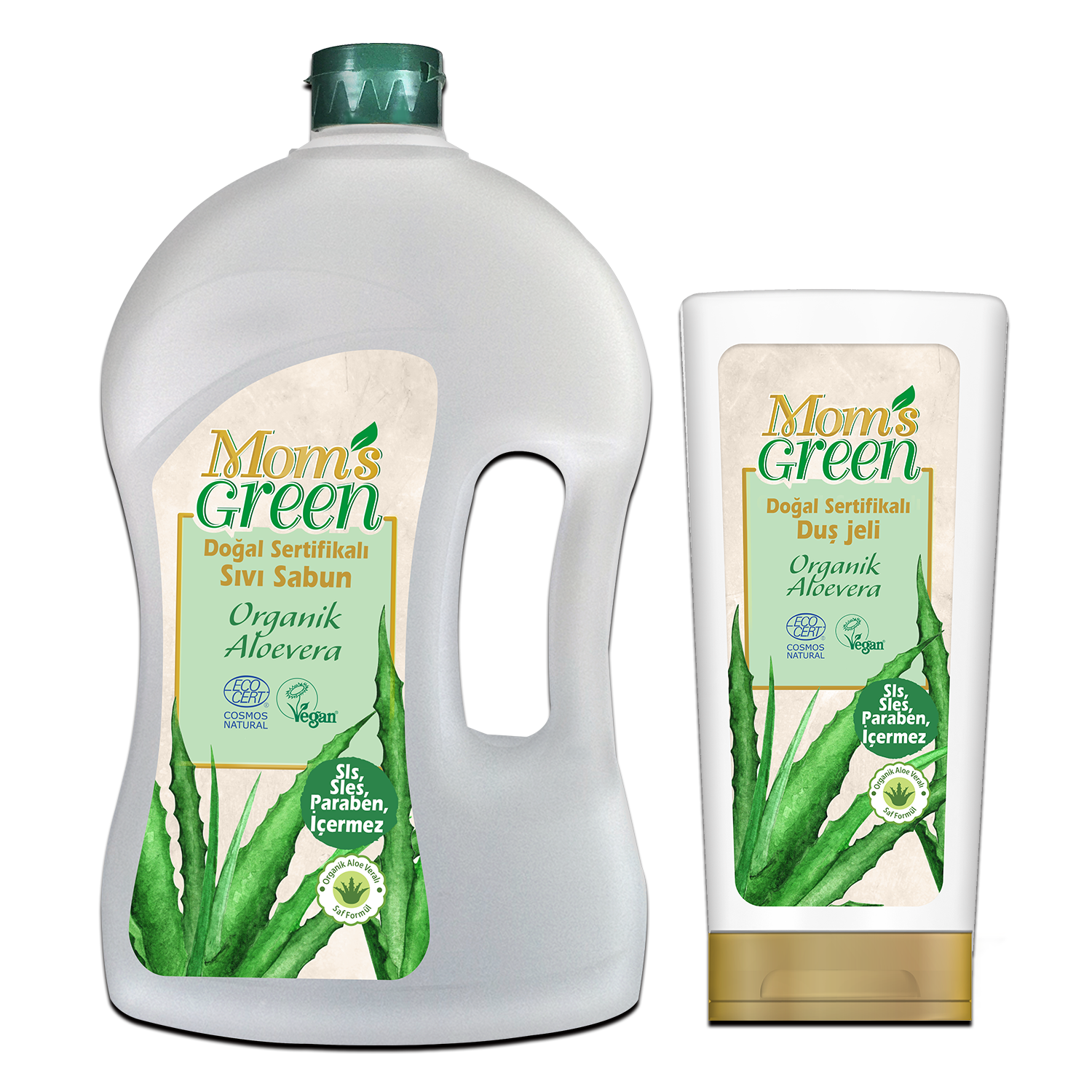 2'li Set Mom’s Green Doğal Sertifikalı  Sıvı Sabun - Organik Aloeveralı 1.5 lt +  Organik  Aloeveralı Duş Jeli