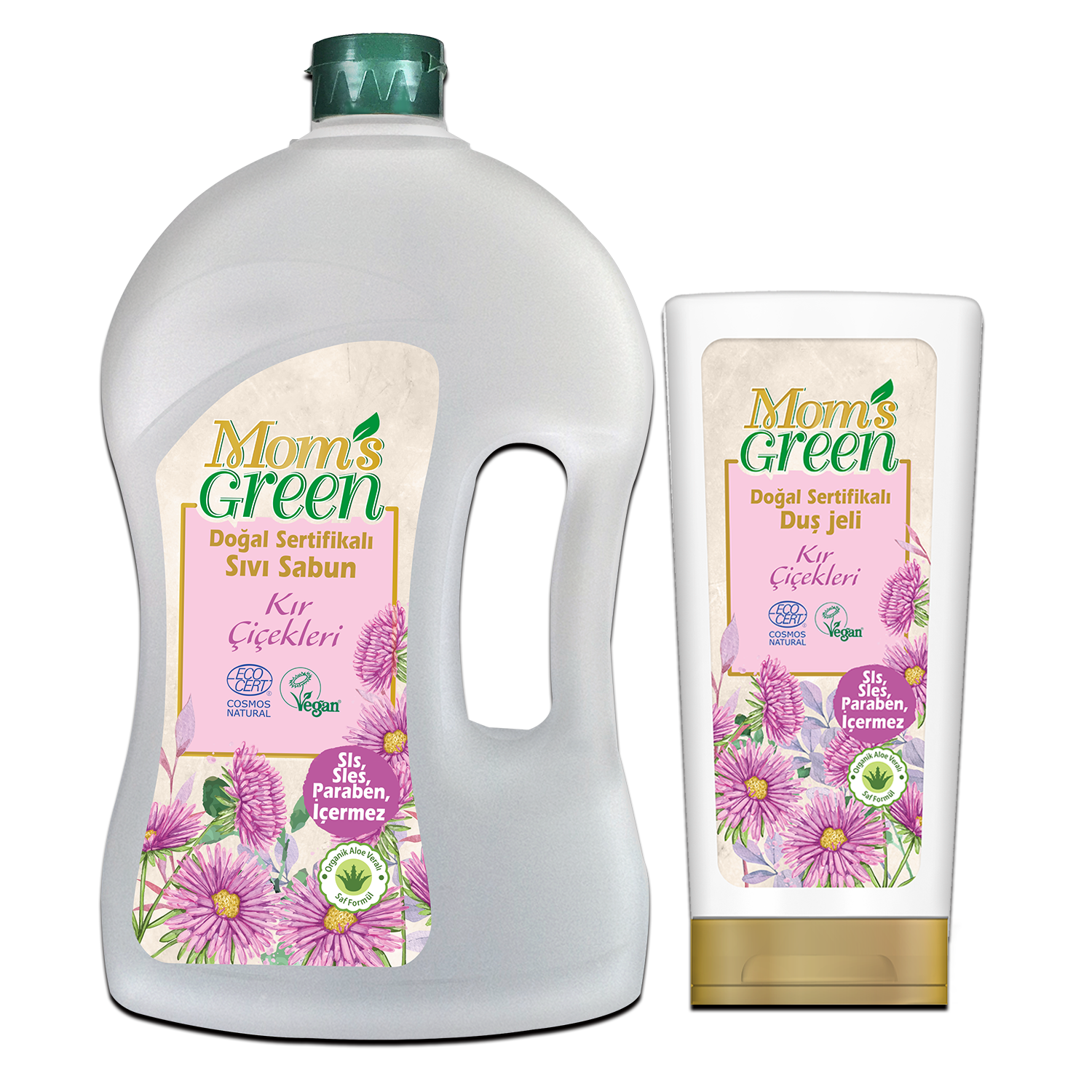 Mom's Green Doğal Sertifikalı Sıvı Sabun Kır Çiçekleri 1500 ml ve Duş Jeli 400 ml EcoCosmos