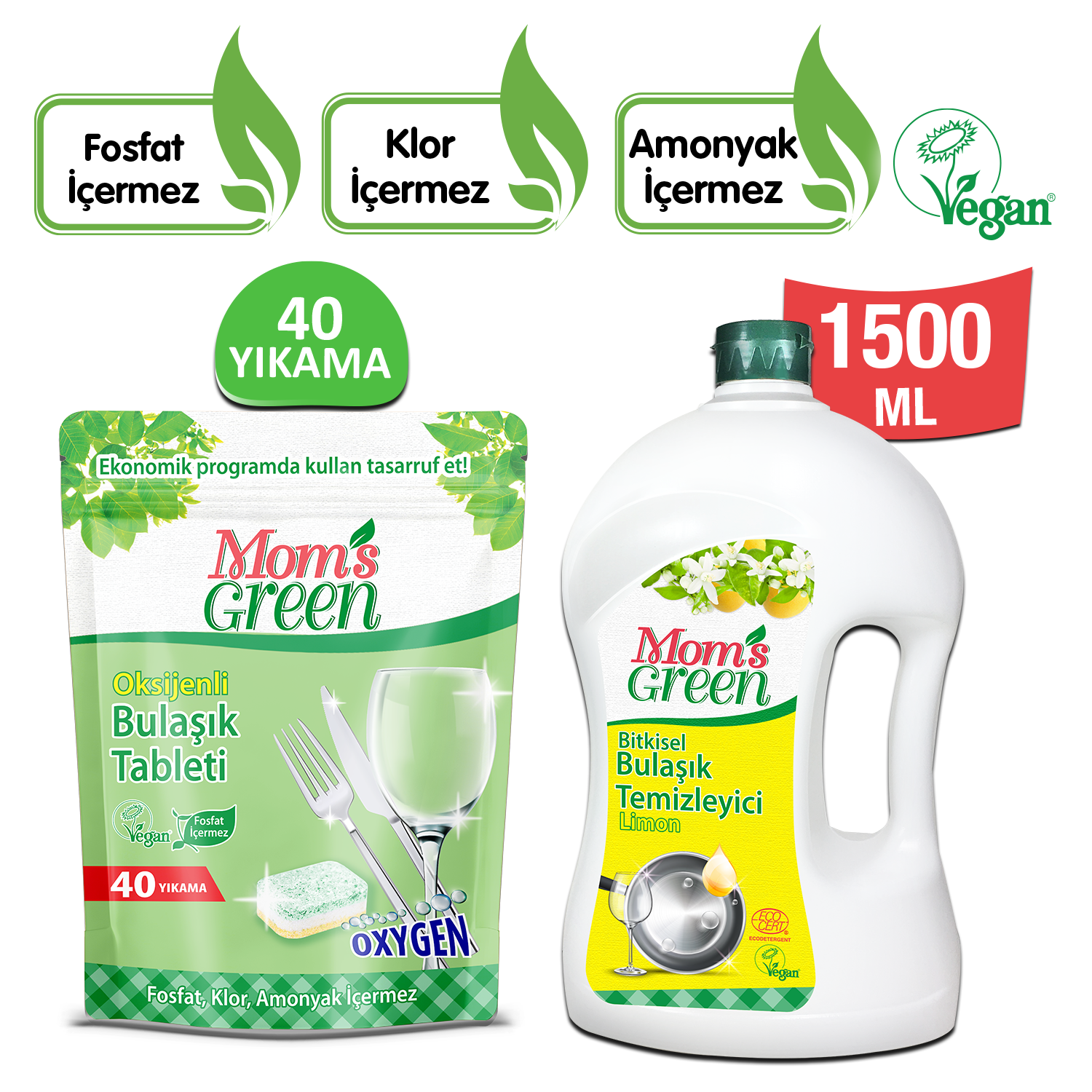 2'li Set Oksijenli Bulaşık Makinesi Tableti - 1,5 Litre Bitkisel Bulaşık Temizleyici - Limonlu