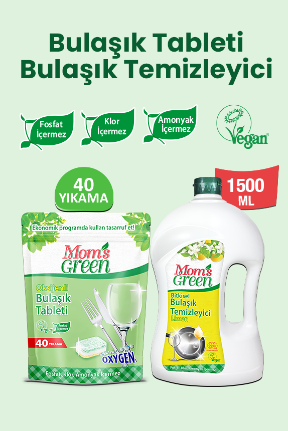 2'li Set Oksijenli Bulaşık Makinesi Tableti ve Limonlu Bitkisel Bulaşık Temizleyici 1,5 Litre