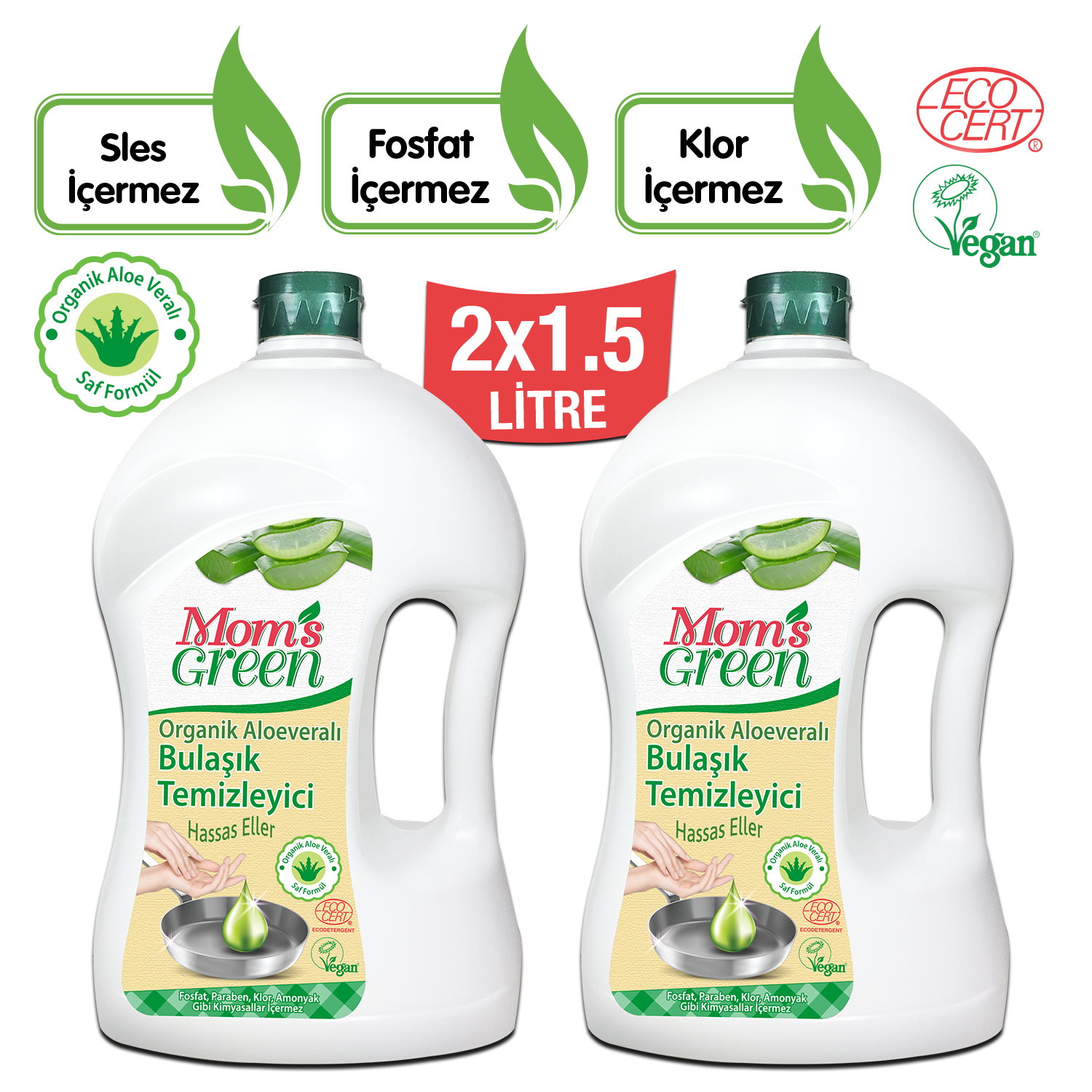 Mom's Green 2'li Set Bitkisel Elde Bulaşık Deterjanı Organik Aloeveralı (1500 ml x 2 Adet)- ECO