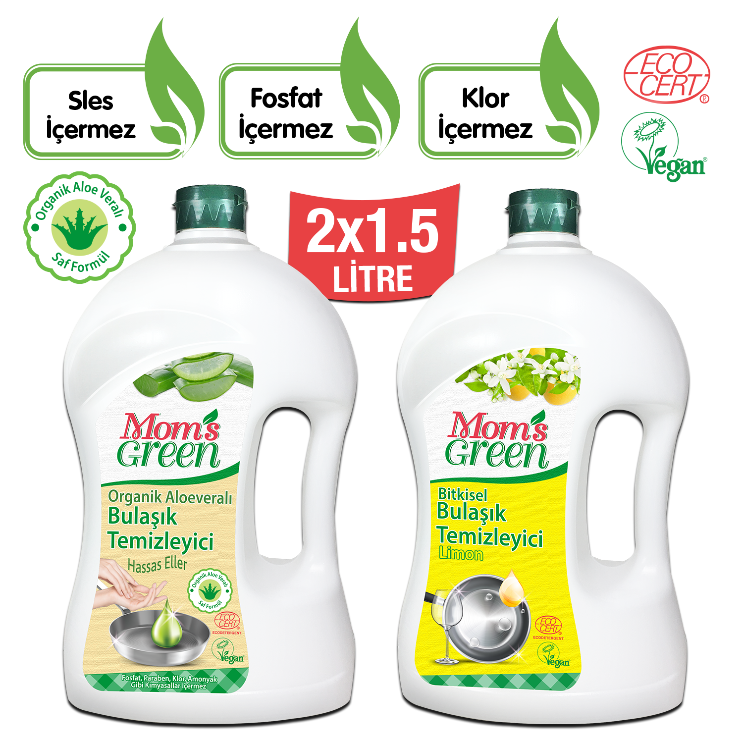 Mom's Green 2'li Set Bitkisel Bulaşık Deterjanı Organik Aloevera ve Limonlu (1500 ml x 2 Adet) -ECO