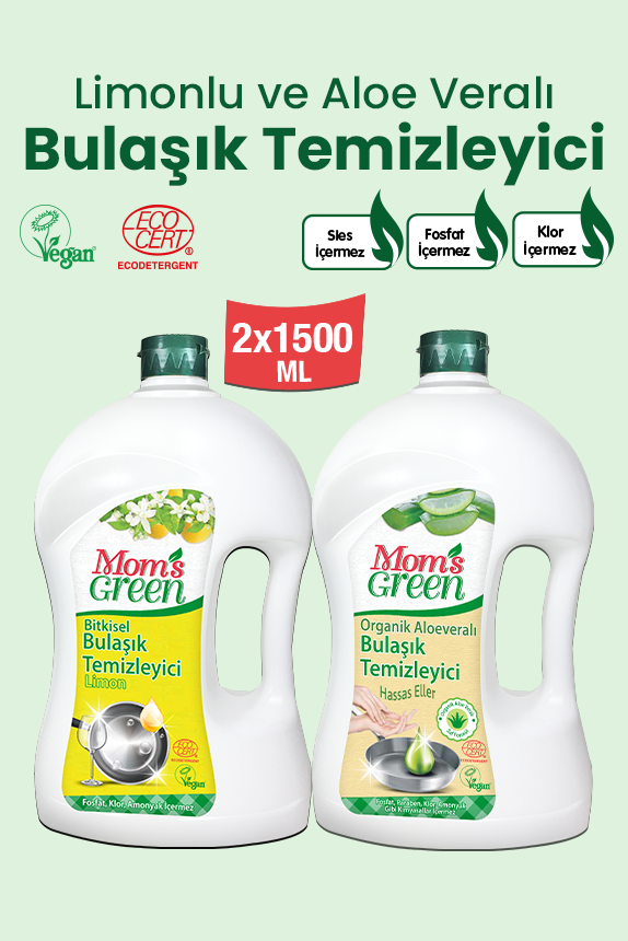 2'li Set Organik Aloeveralı Bulaşık Deterjanı ve Limonlu Bulaşık Deterjanı (1,5 Litre x 2 Adet)