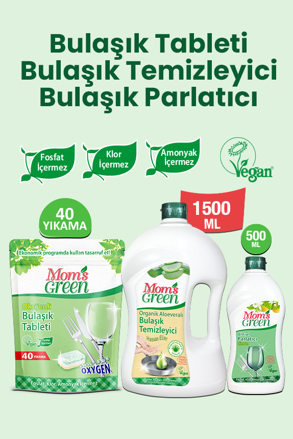 3'lü Set Oksijenli Bulaşık Makinesi Tableti ve Aloeveralı Bulaşık Temizleyici 1,5 Litre ve Limonlu Parlatıcı 500 ml