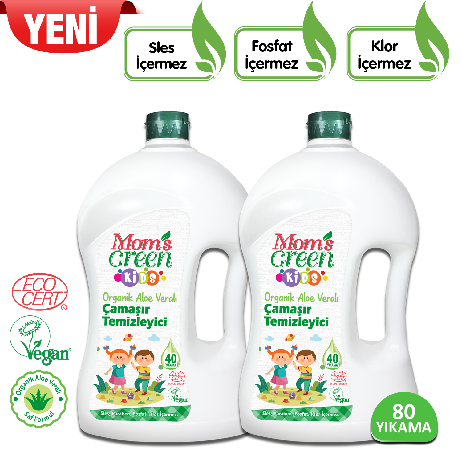2'li Set Mom's Green Çocuk Çamaşır Temizleyici Organik Aloeveralı 80 Yıkama- 1500 ml x 2 Adet ECO
