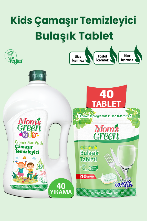 2'li Set- Organik Aloeveralı Çocuk Çamaşır Temizleyici 1,5 Litre ve Bulaşık Tableti 40 Adet