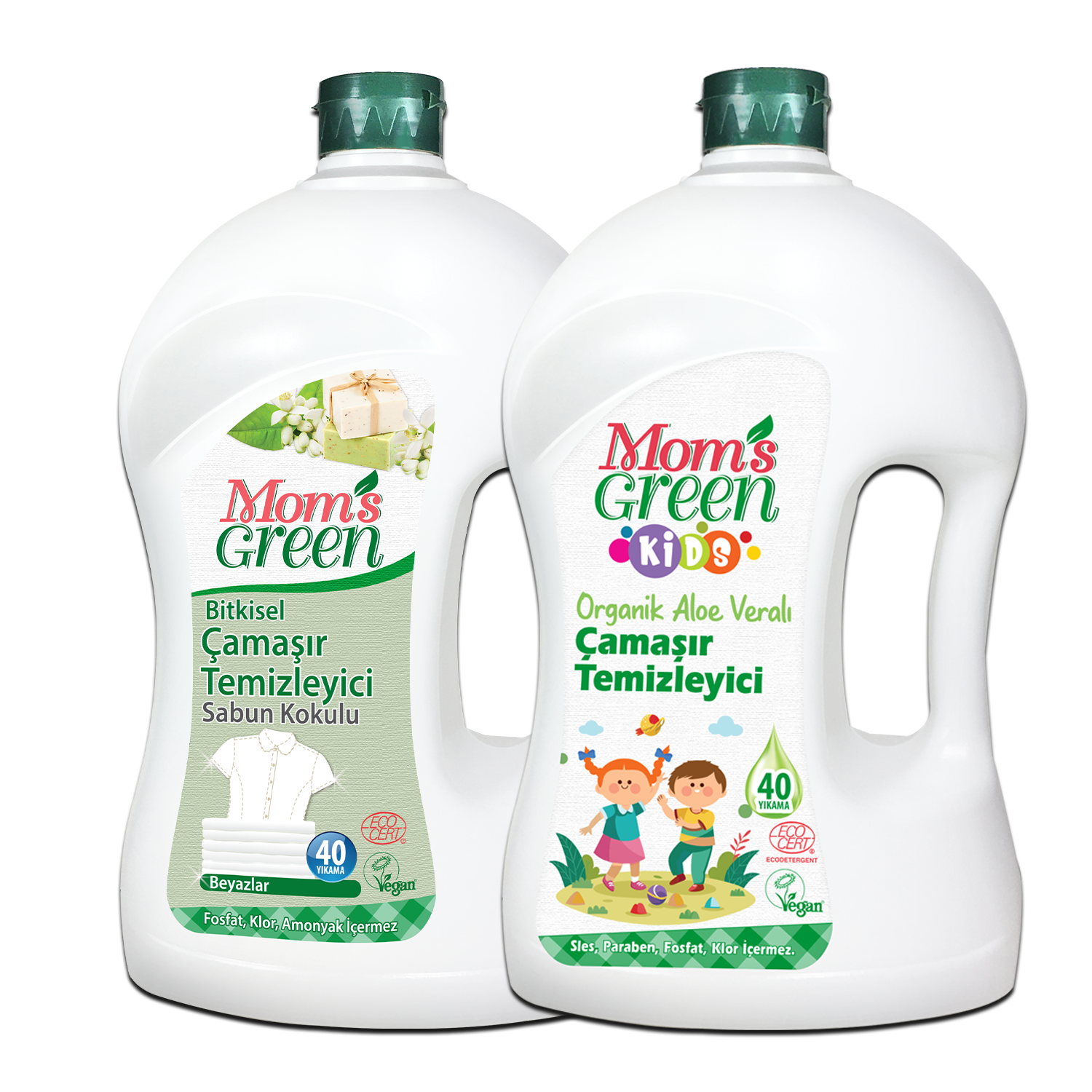2'li Set-Mom's Green 1500 ml Çocuk Organik Çamaşır Temizleyici ve Beyazlar İçin Bitkisel Çamaşır Temizleyici Sabun Kokulu (80 Yıkama)