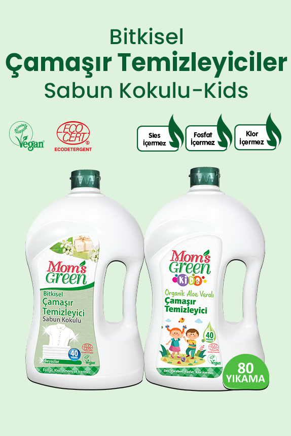 2'li Set Organik Aloerveralı Çocuk Çamaşır Temizleyici ve Bitkisel Çamaşır Temizleyici Beyazlar İçin Sabun Kokulu (1,5 Litre x 2 Adet) 80 Yıkama
