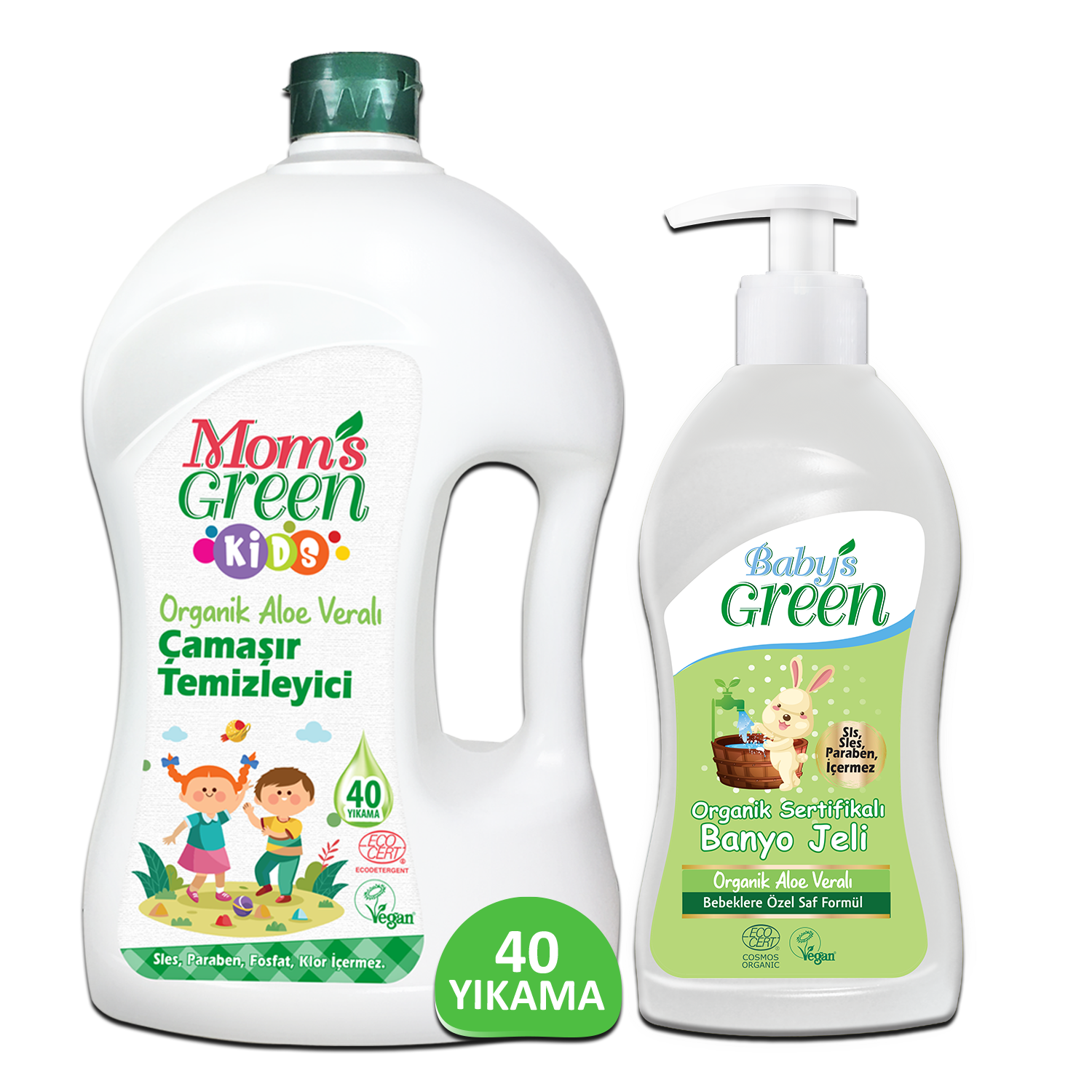2'li Set-1500 ml Çocuk Organik Çamaşır Temizleyici (40 Yıkama) ve 500 ml Bebek Banyo Jeli