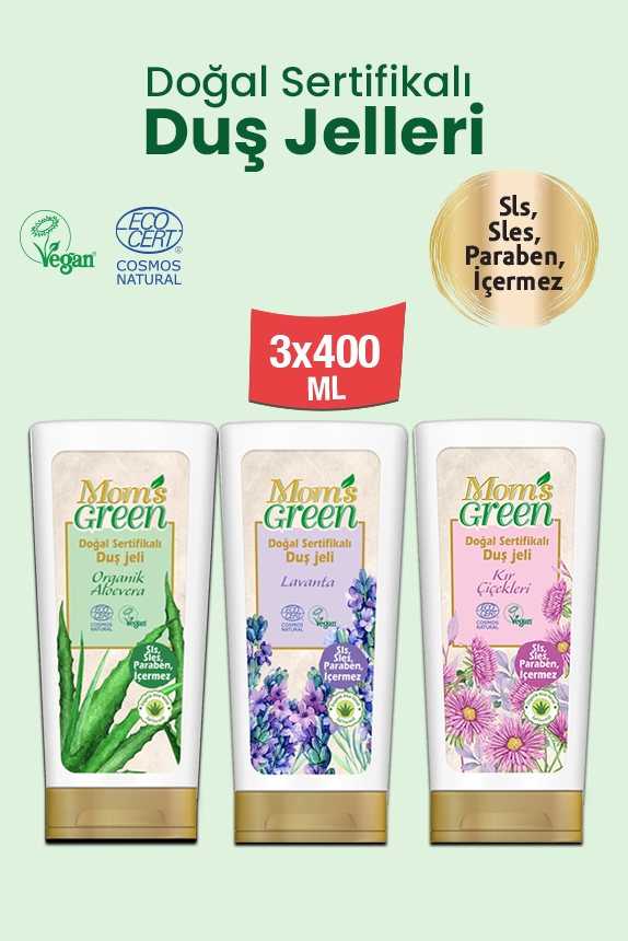3'lü Doğal Sertifikalı Duş Jeli Seti Lavanta Kır Çiçekleri Organik Aloevera (400 ml x 3 Adet)