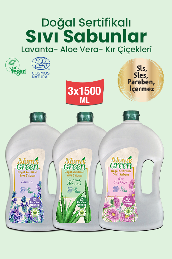 3'lü Doğal Sertifikalı Sıvı Sabun Seti Lavanta-Kır Çiçekleri-Aloeveralı (1,5 Litre x 3 Adet)