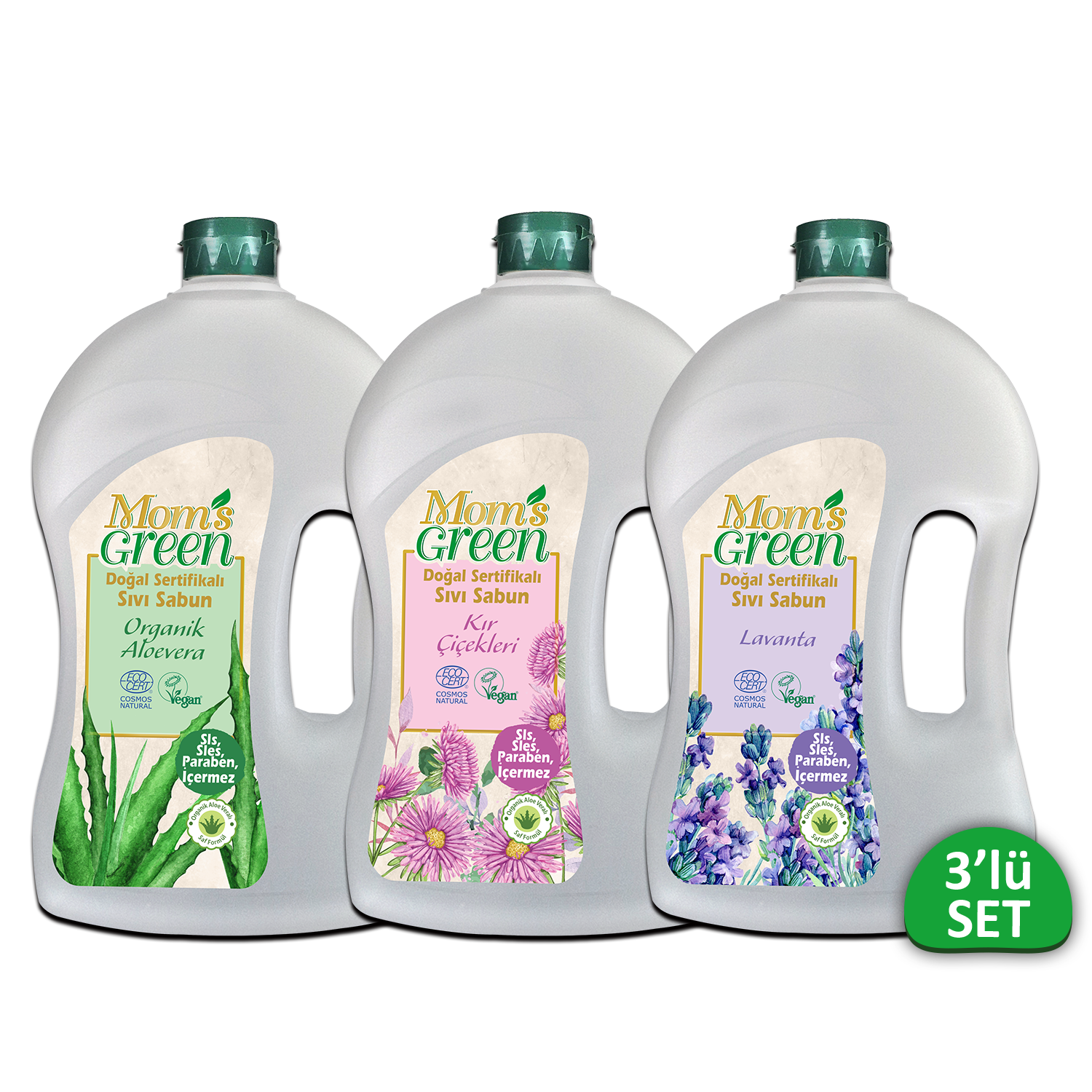 3'lü Mom's Green Doğal Sertifikalı Sıvı Sabun Seti (Lavanta-Kır Çiçekleri-Aloevera) 3 Adet x 1500 ml