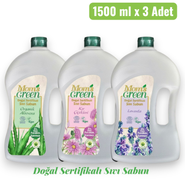 Mom's Green 3'lü Doğal Sertifikalı Sıvı Sabun Seti (Lavanta-Kır Çiçekleri-Aloevera) 3 Adet x 1500 ml EcoCosmos