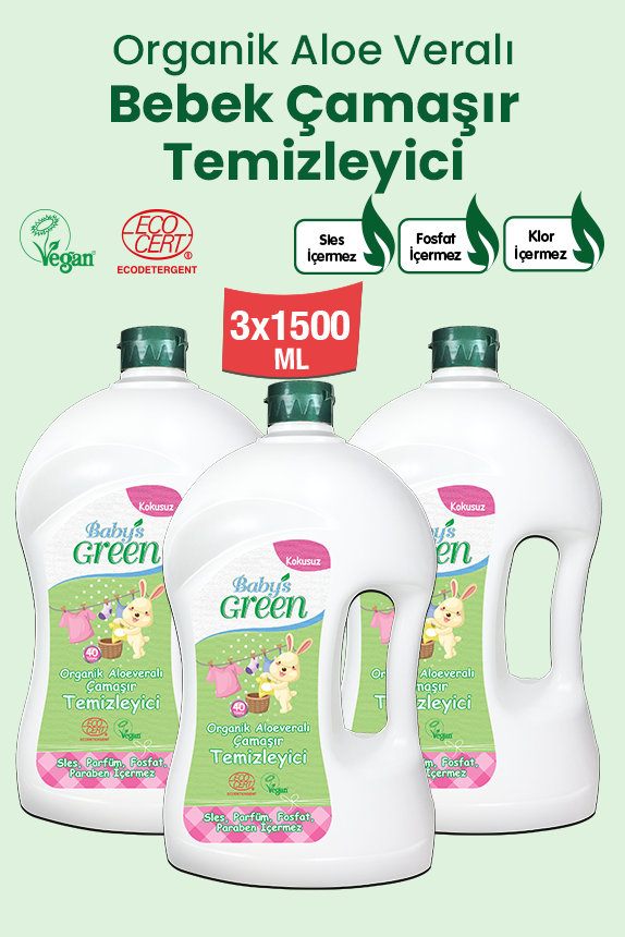 3'lü Set Organik Aloeveralı Bebek Çamaşır Temizleyici Kokusuz (1,5 Litre X 3 Adet) 120 Yıkama