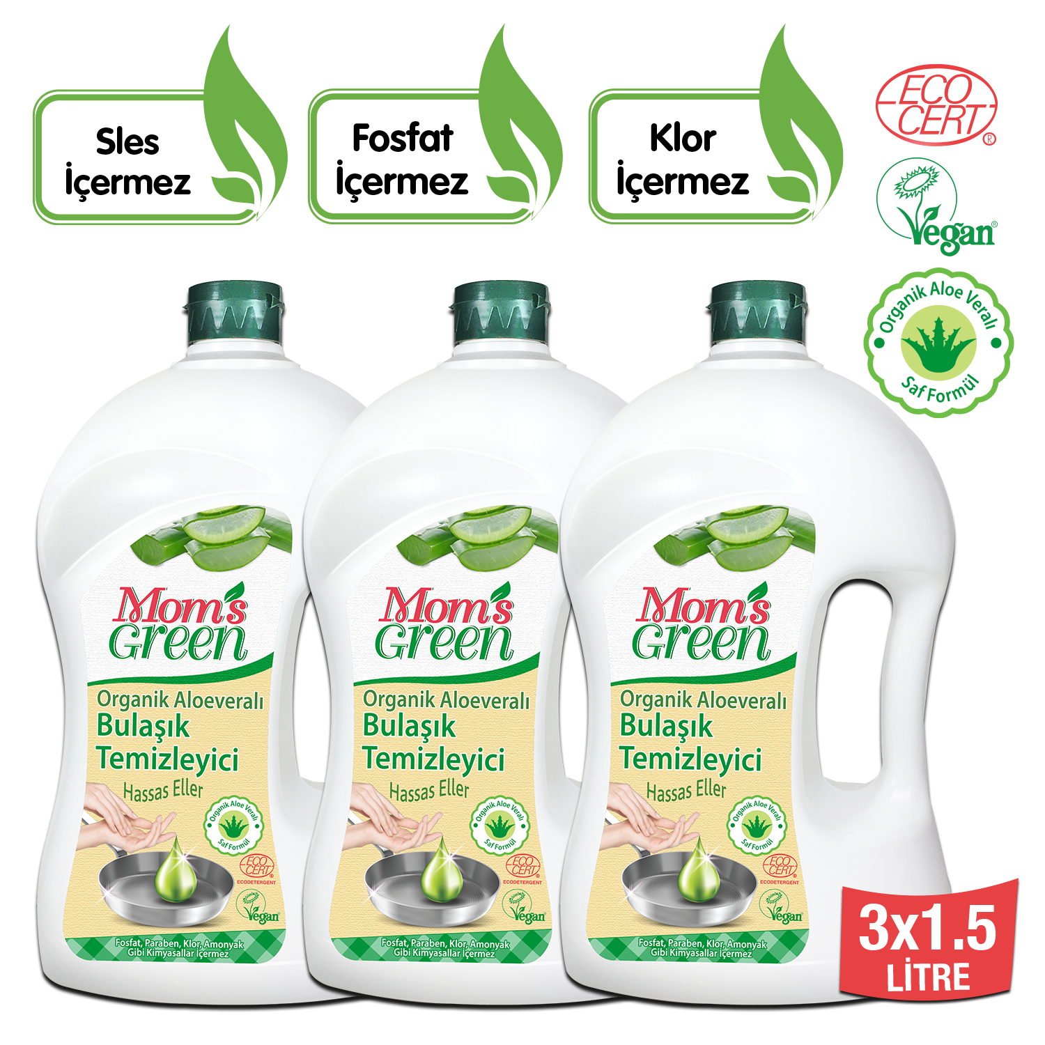 Mom's Green 3'lü Set 1500 ml Organik Aloeveralı Elde Bulaşık Deterjanı ( 1500 ml x 3 Adet ) ECO