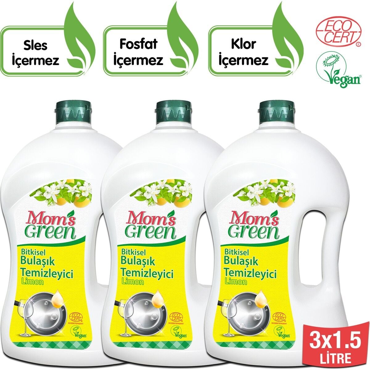 Mom's Green 3'lü Set Bitkisel Elde Bulaşık Temizleyici Limon (1,5 lt x 3 Adet) ECO