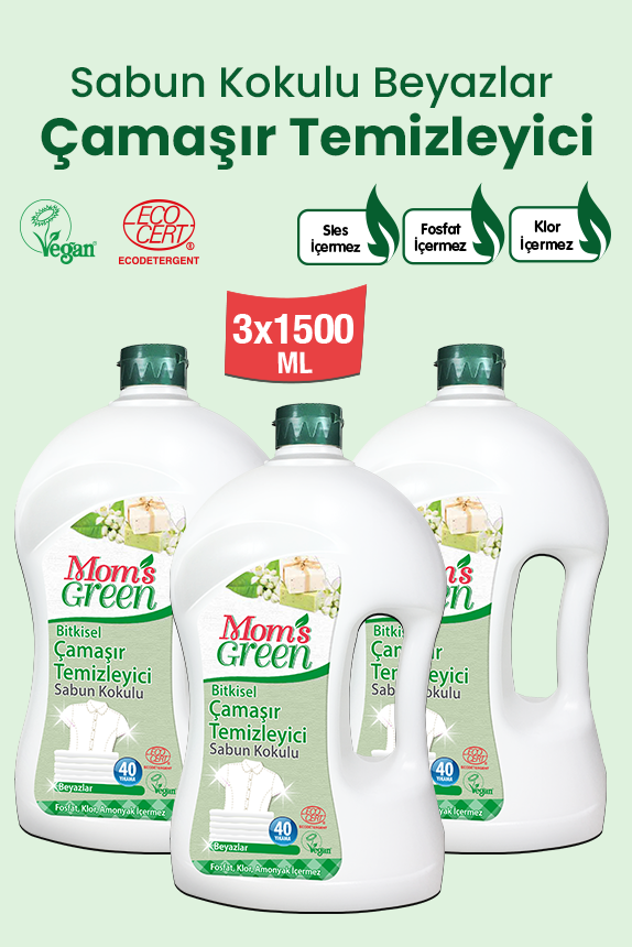 3'lü Set Bitkisel Çamaşır Temizleyici Beyazlar İçin Sabun Kokulu (1,5 Litre x 3 Adet) 120 Yıkama